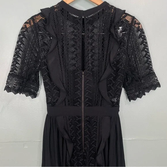 Self Portrait Black Geometric Lace Midi Dress Quarter Sleeve US Sz 4 - Picture 4 of 8
